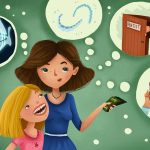 Drawing of a woman talking to her child about getting Invisalign aligners at the orthodontist